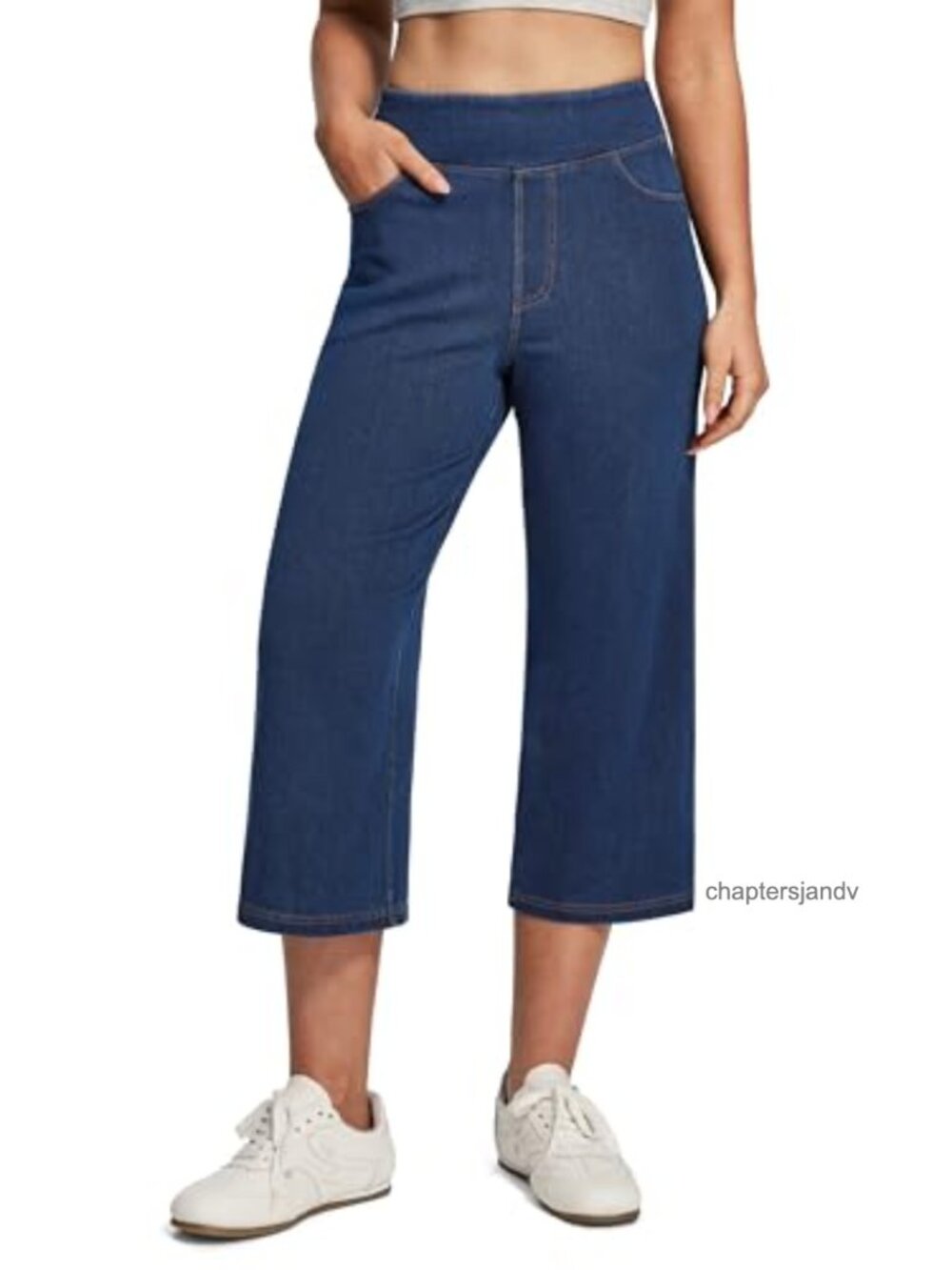 Womens Pull On Capri Jeans Wide Leg High Rise Stretch Denim Pockets